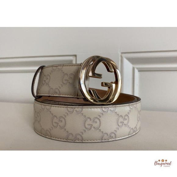 Authentic Gucci Cream Guccissima Leather Gold Interlocking G Buckle Belt 80/32 - Picture 12 of 13